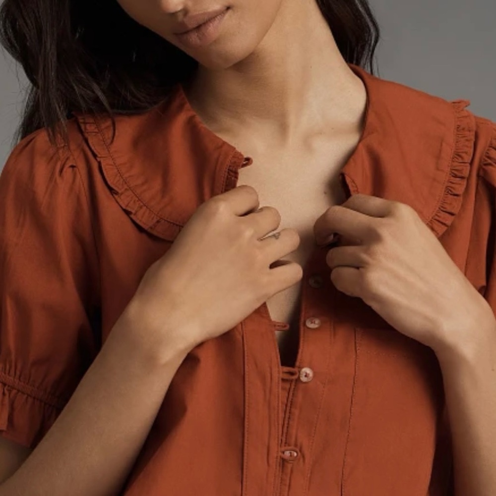 Anthropologie  The Kiera  Collared Button-Front Blouse by Pilcro  🍁 Rust 🍁 NWT